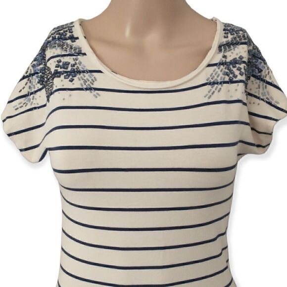 Y2K Fitted T Shirt Dress S Sequins Embellished Striped Stretch 90s Artsy Bohemia - Picture 3 of 16